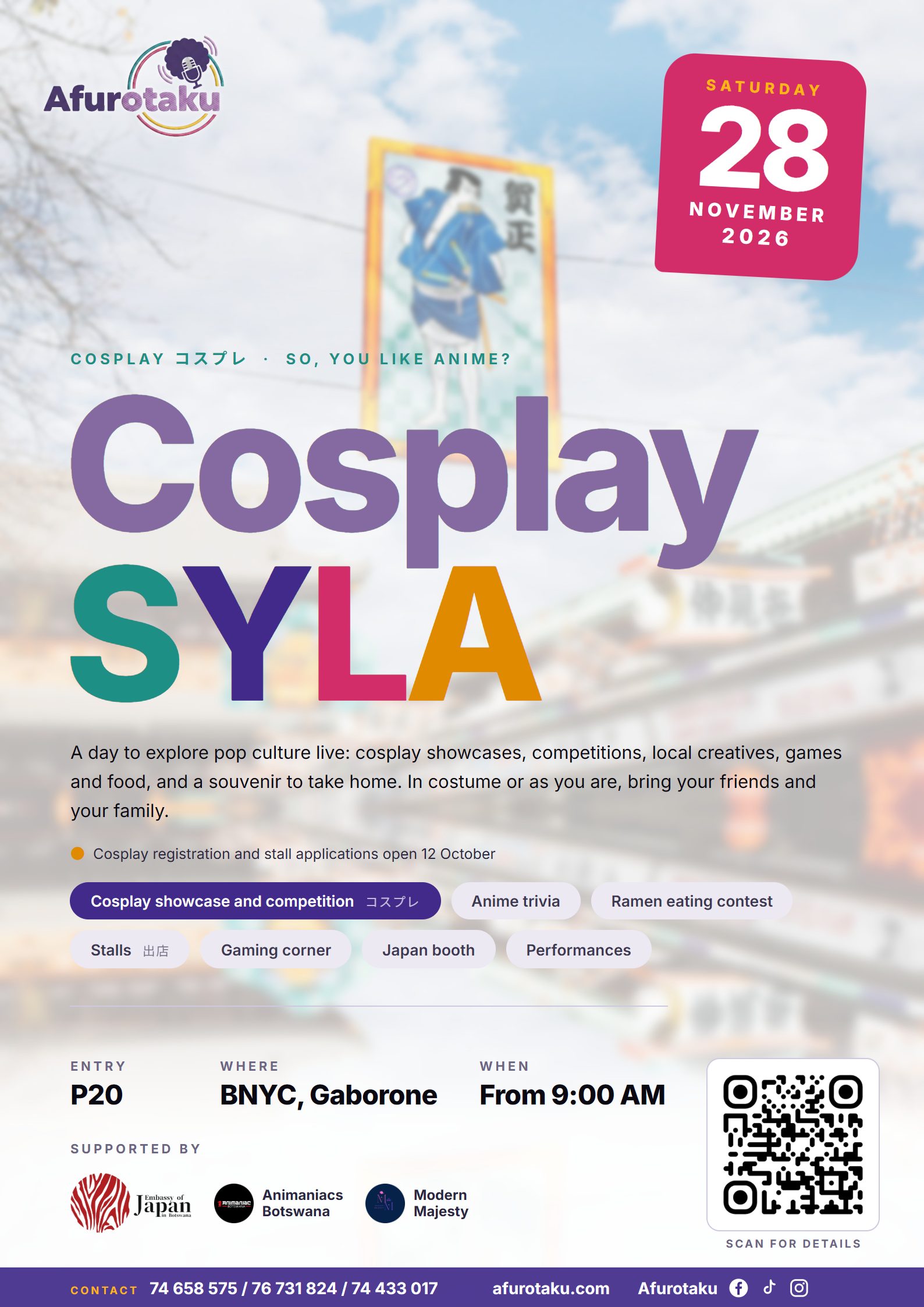 Afurotaku Cosplay SYLA poster: Saturday 28 November 2026 at BNYC, Gaborone. Entry P20, from 9:00 AM.
